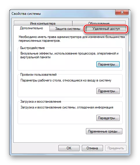 Jděte na kartu Vzdálený přístup v okně Advanced System Parametry v systému Windows 7