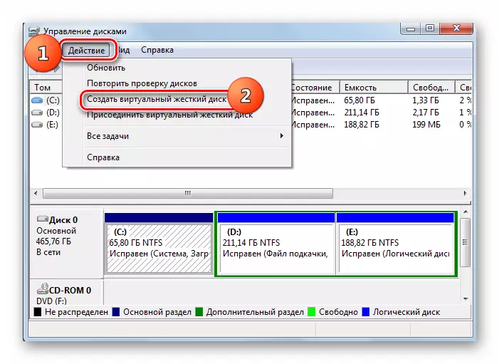 Přejděte na vytvoření virtuálního disku přes menu okna Správa disků v systému Windows 7