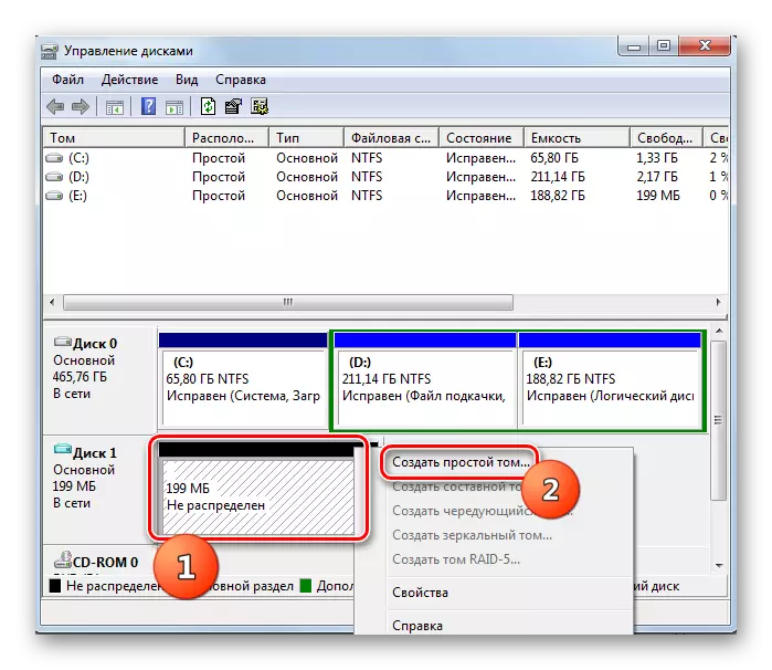 Transisi kanggo nitahaken saka volume prasaja ing jendela Manajemen disk ing Windows 7