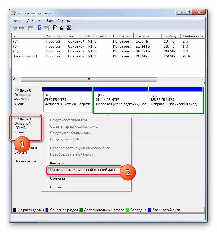 Mur biex jiskonnettja hard disk virtwali fit-tieqa tal-Ġestjoni tad-Disk fil-Windows 7