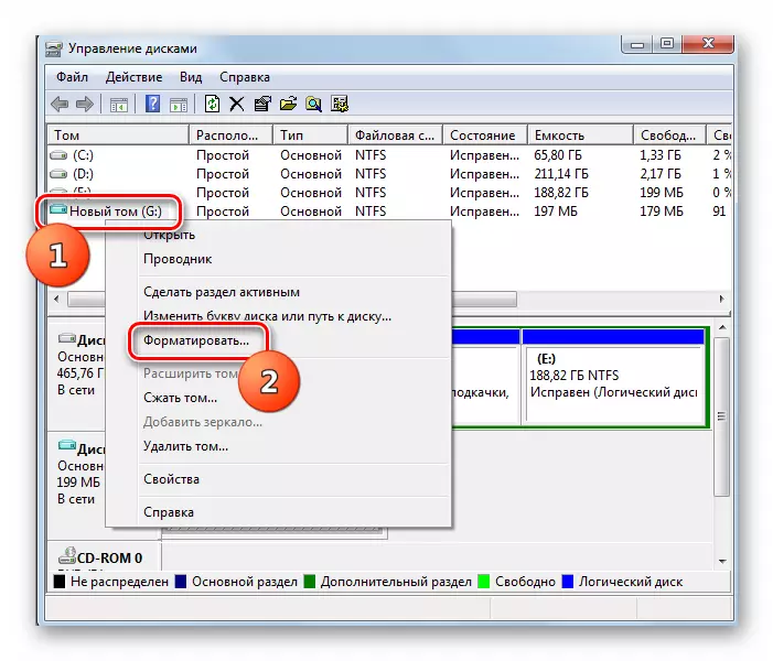 Transición al formato de la partición en la ventana Administración de discos en Windows 7