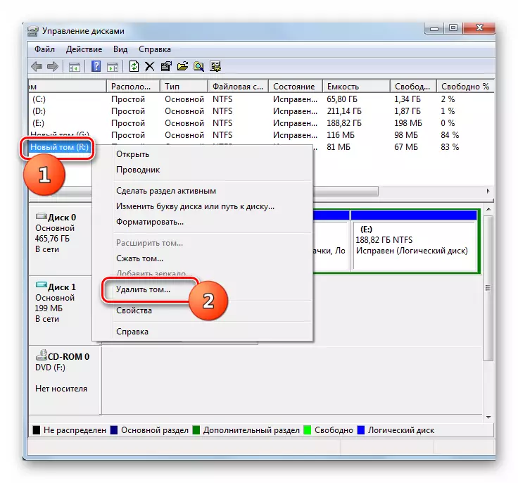 Prelaz za brisanje particije u prozoru za upravljanje diskom u sustavu Windows 7