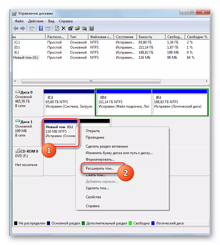 Extensió de transició a volum a la finestra de gestió de discs a Windows 7
