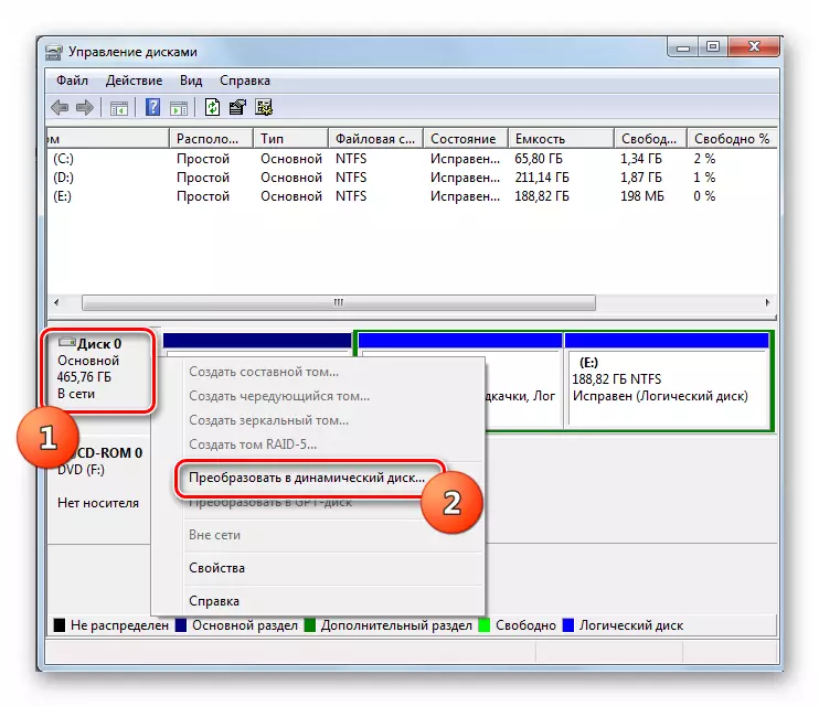 Přechod na konverzi statického disku na dynamiku v okně Správa disku v systému Windows 7