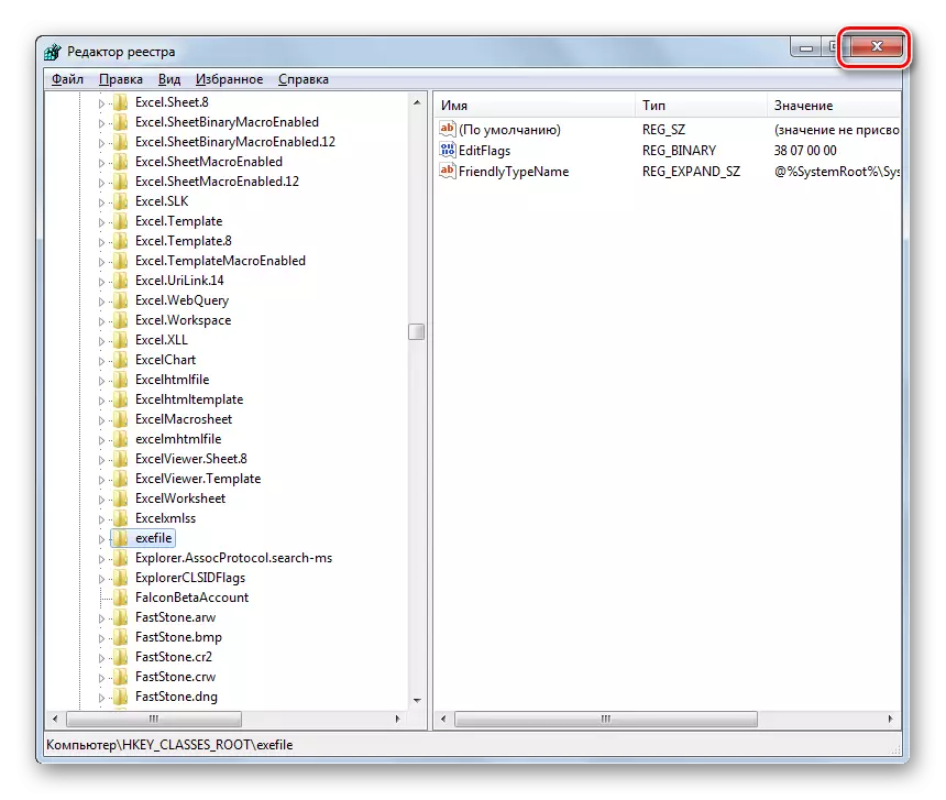 Zatvorenie okna Editor systému Registry v systéme Windows 7