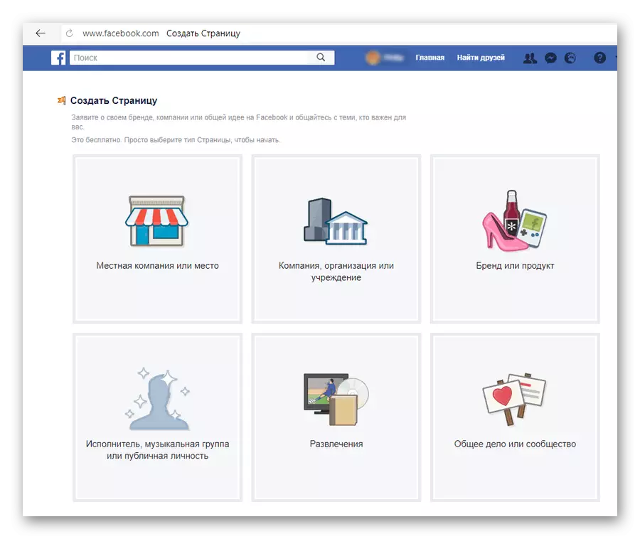 Posibles tipos de páxinas de negocio en Facebook