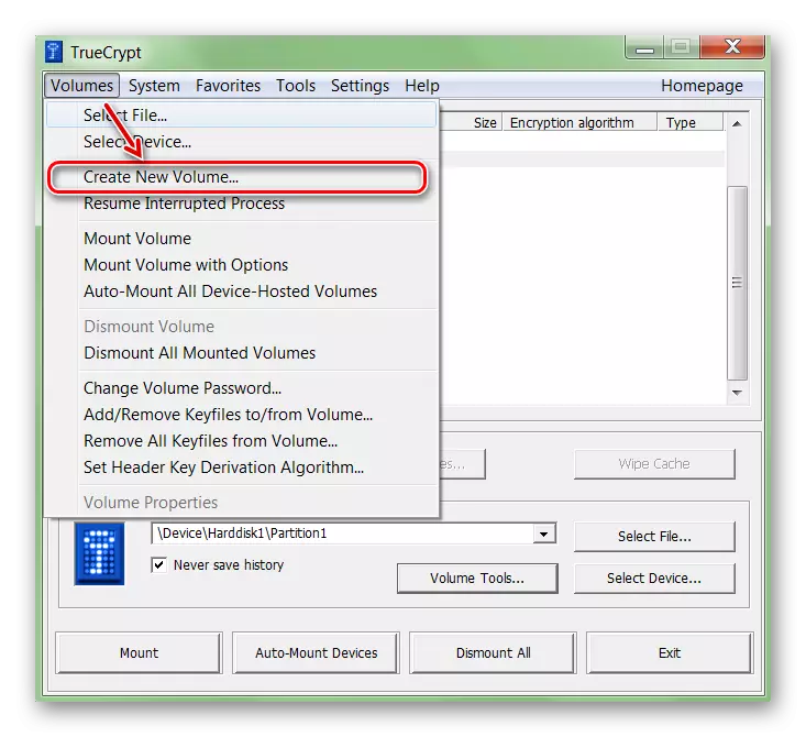 TrueCrypt లో ఒక కొత్త వాల్యూమ్ సృష్టించడం