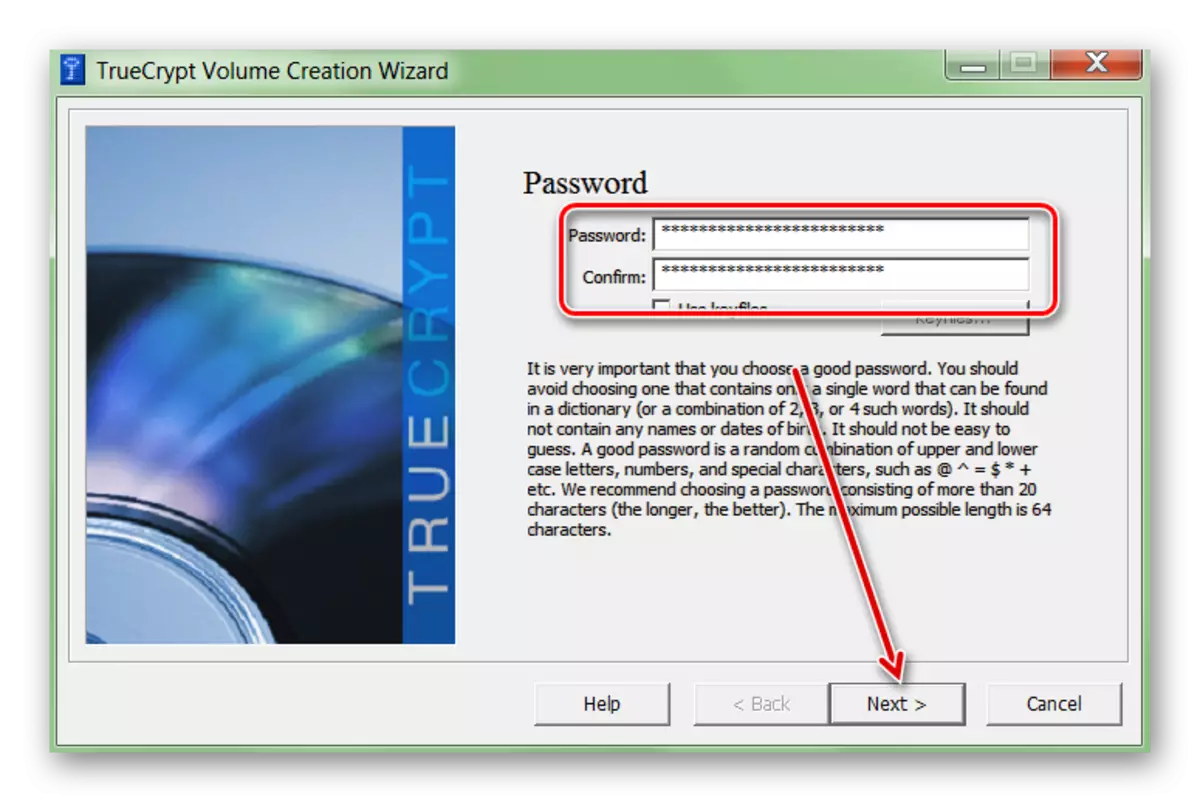 Il-ħolqien ta 'password għal hard disk fi TrueCrypt