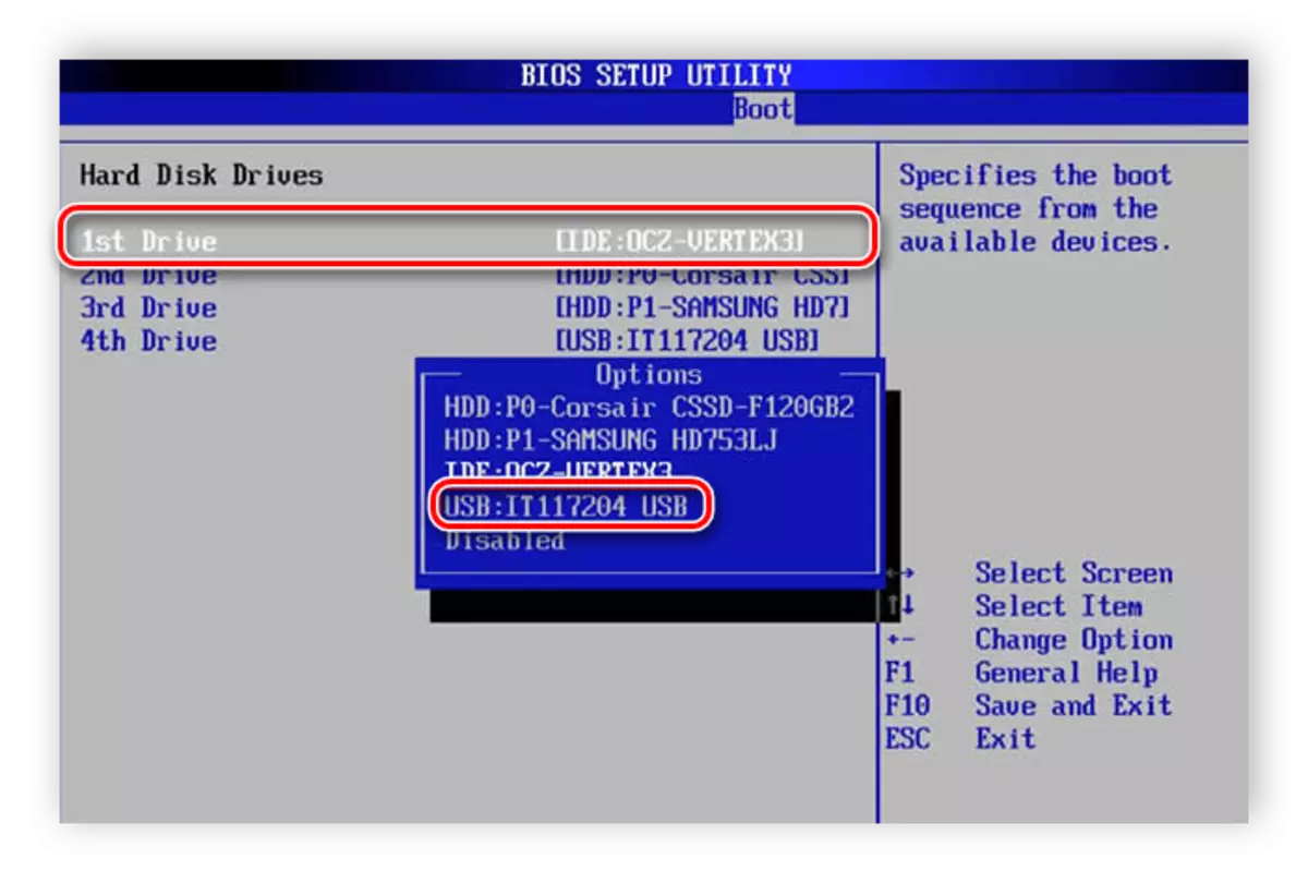 Instal·lació d'una unitat flash per al primer lloc a AMI BIOS