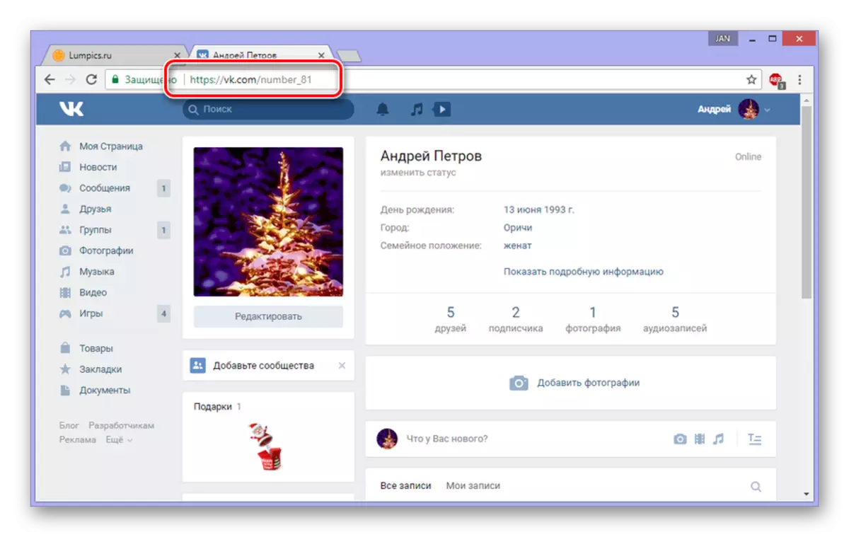 Linkler yerine giriş örneği VKontakte