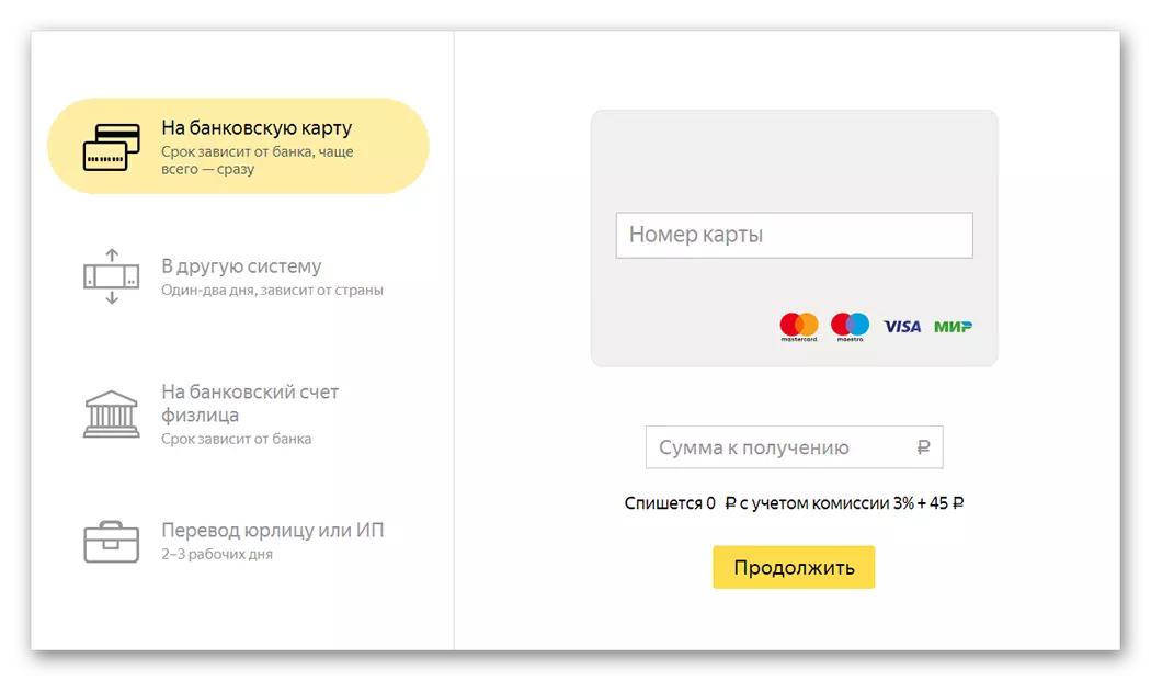 Cara yang tersedia untuk menampilkan dana pada Yandex uang