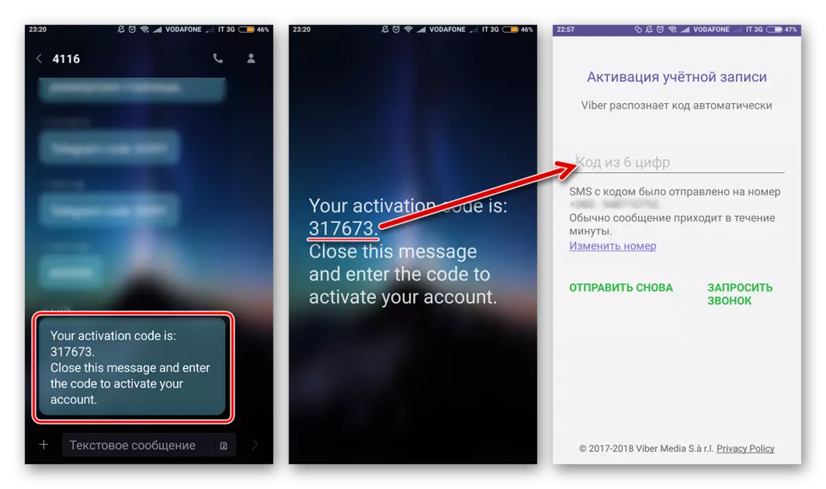 Registrácia Viber prostredníctvom Android získania a zadaním overovacieho kódu v SMS