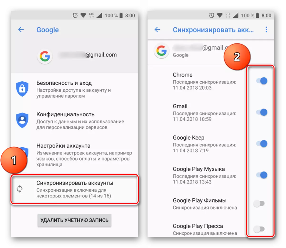 Attivazione dei tumbler di sincronizzazione dell'account Google su Android