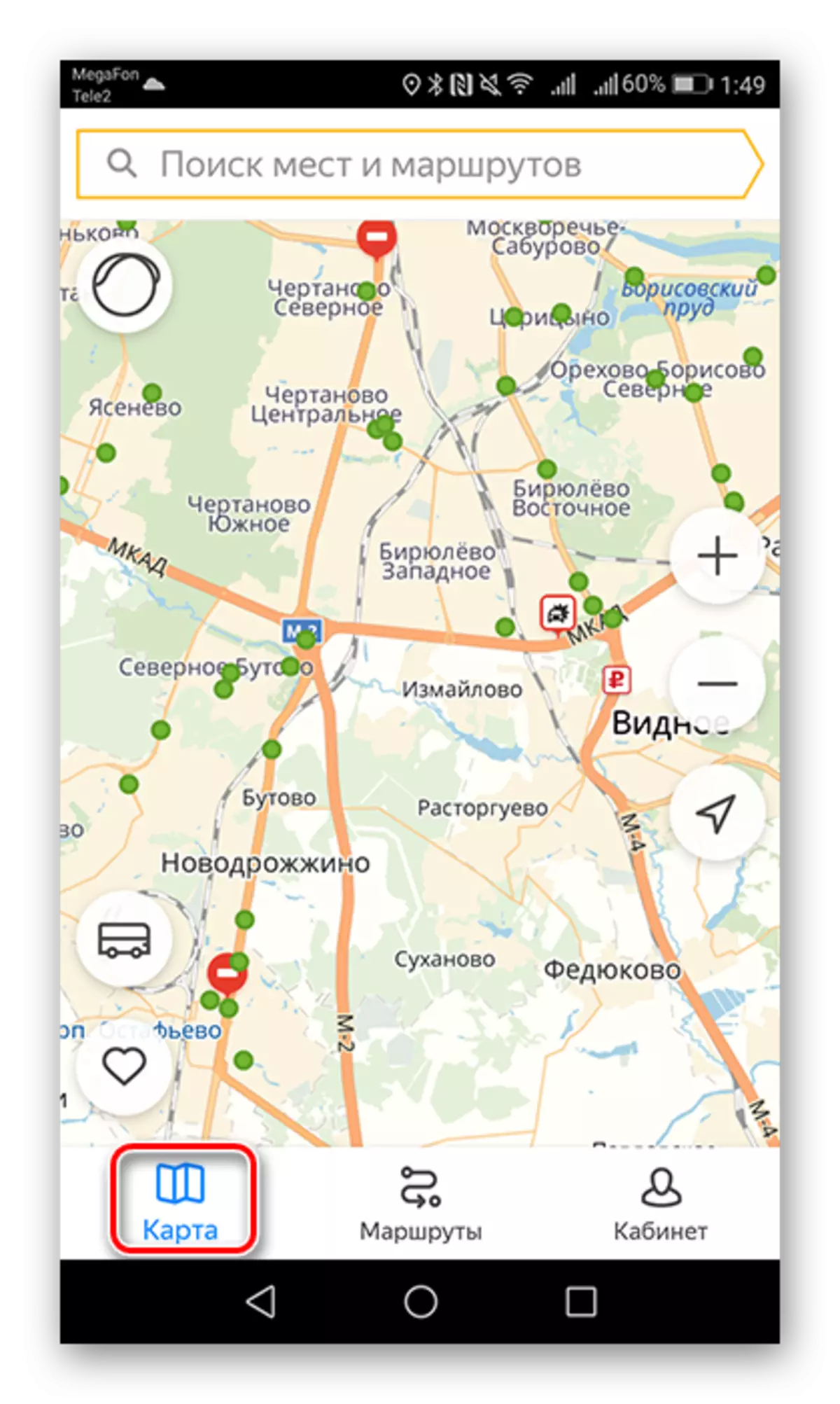 Menekan tombol Peta di Yandex.Transport