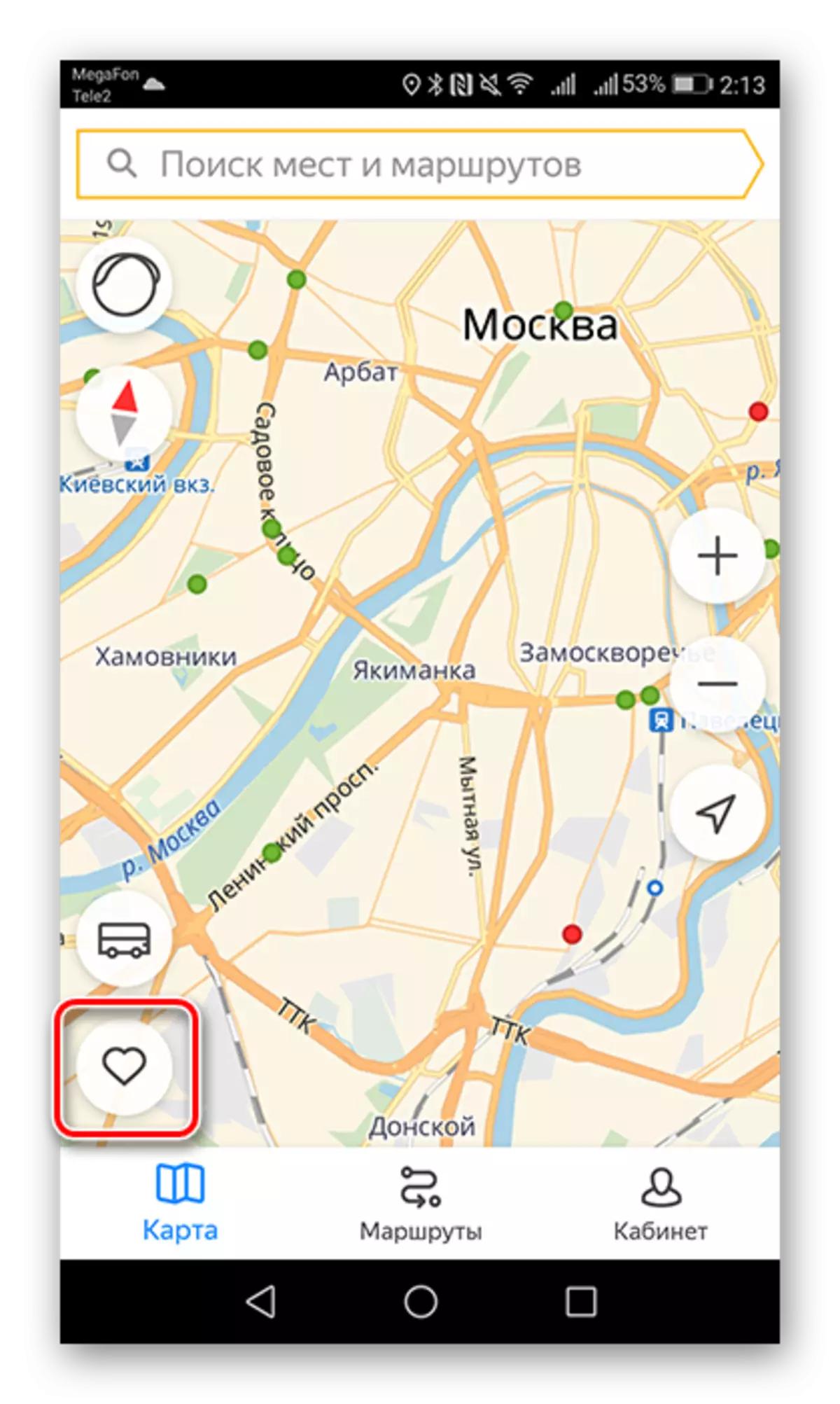 Transició a la fitxa Preferits a l'aplicació Yandex.Transport