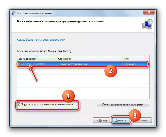 Vælg genoprettelsespunktet i vinduet Systemgendannelse i Windows 7