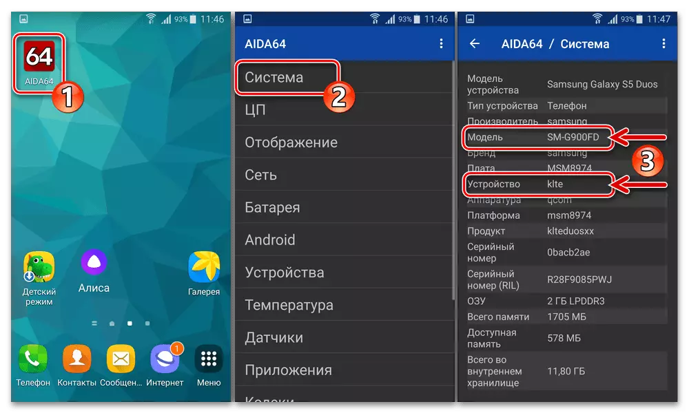 Samsung Galaxy S5 Noggrann definition av en smartphone-modifiering via AIDA64-programmet