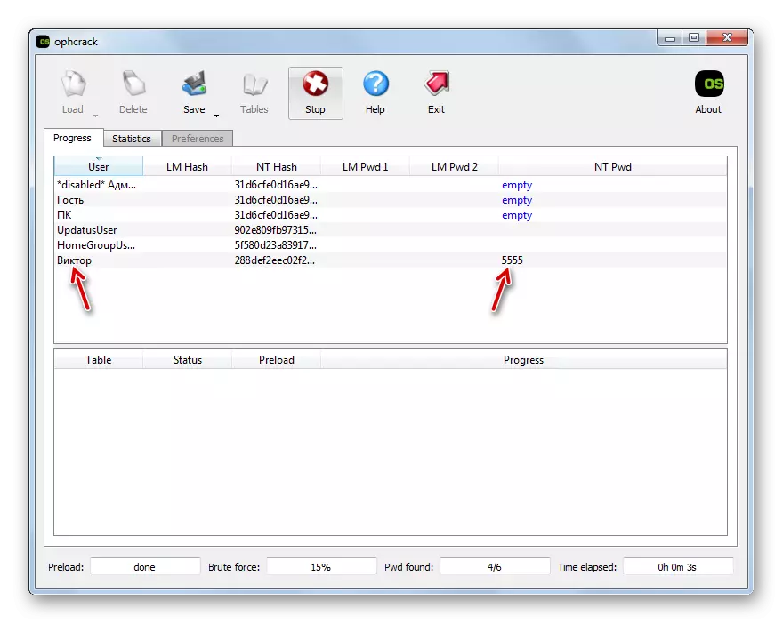 Mật khẩu cho tài khoản được xác định trong chương trình OphCrack trong Windows 7