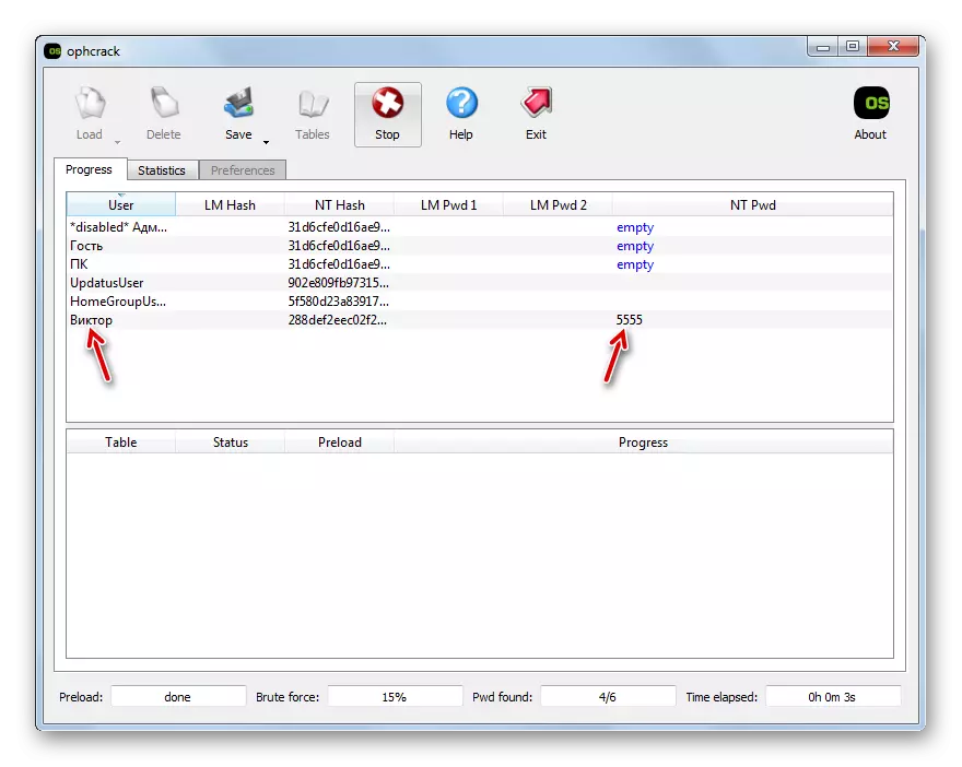 መለያዎች የይለፍ ቃላት በ Windows 7 ውስጥ OphCrack ፕሮግራም ውስጥ የተገለጹ ናቸው
