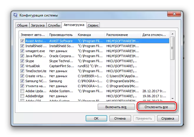 Dezactivați AutoLoading toate programele din fereastra de configurare a sistemului în Windows 7