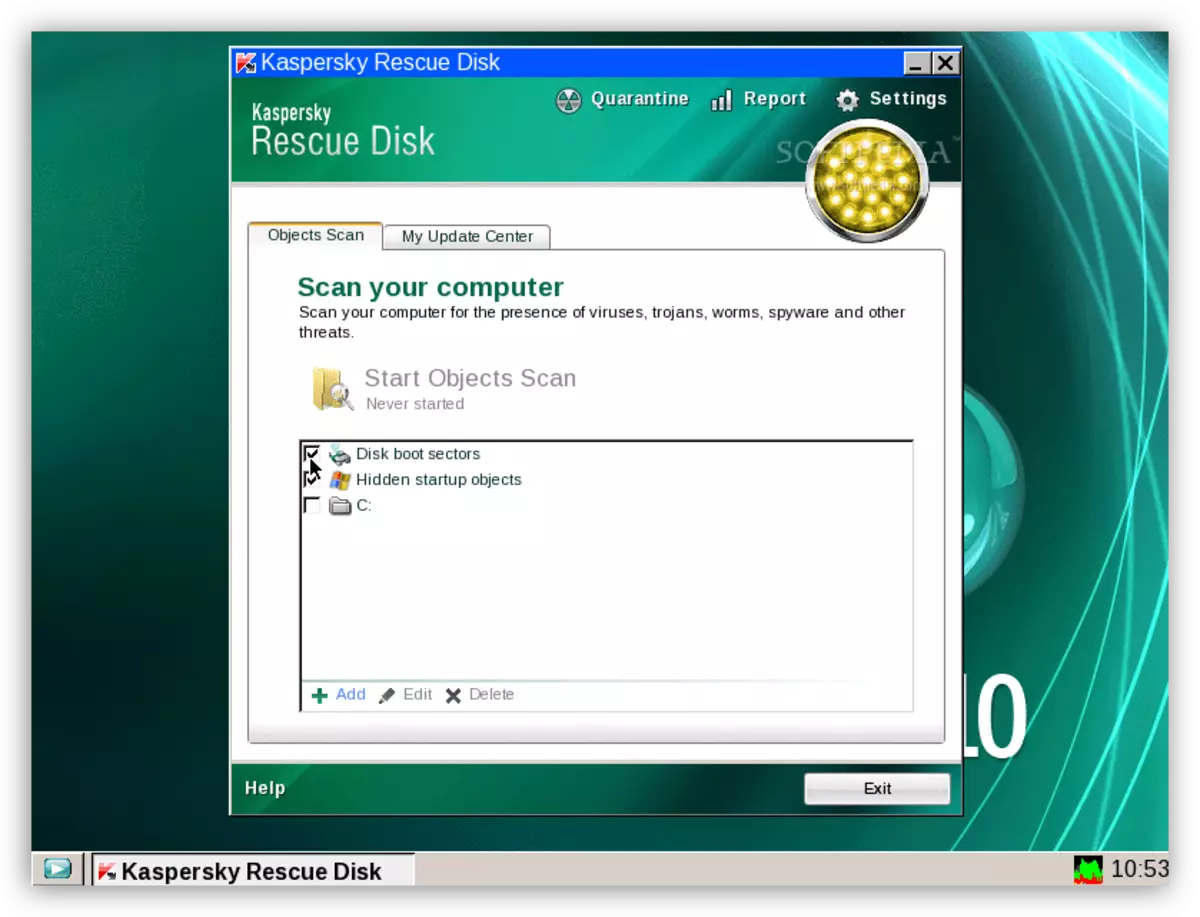 Dritare kryesore Anti-virus Utility Disk Shpëtim Kaspersky