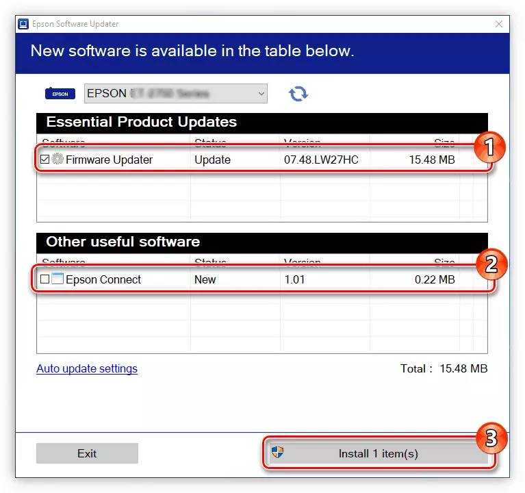 Výběr softwaru pro instalaci v Epson Software Updater