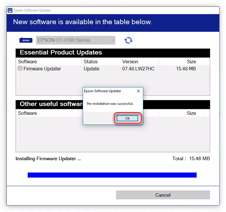 Poslednja faza instalacije firmware za Epson L800 pisač u programu Epson Software Updater