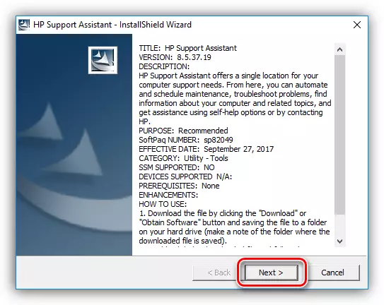 Cửa sổ trình cài đặt hỗ trợ HP đầu tiên