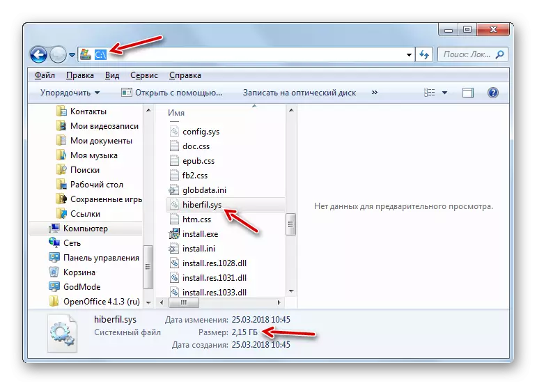 Umiestnenie súboru Hiberfil.sys v Explorer v systéme Windows 7