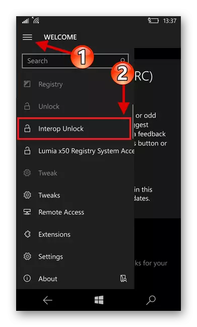 Перехід до розділу Interop unlock в додатку Interop Tools для Windows phone