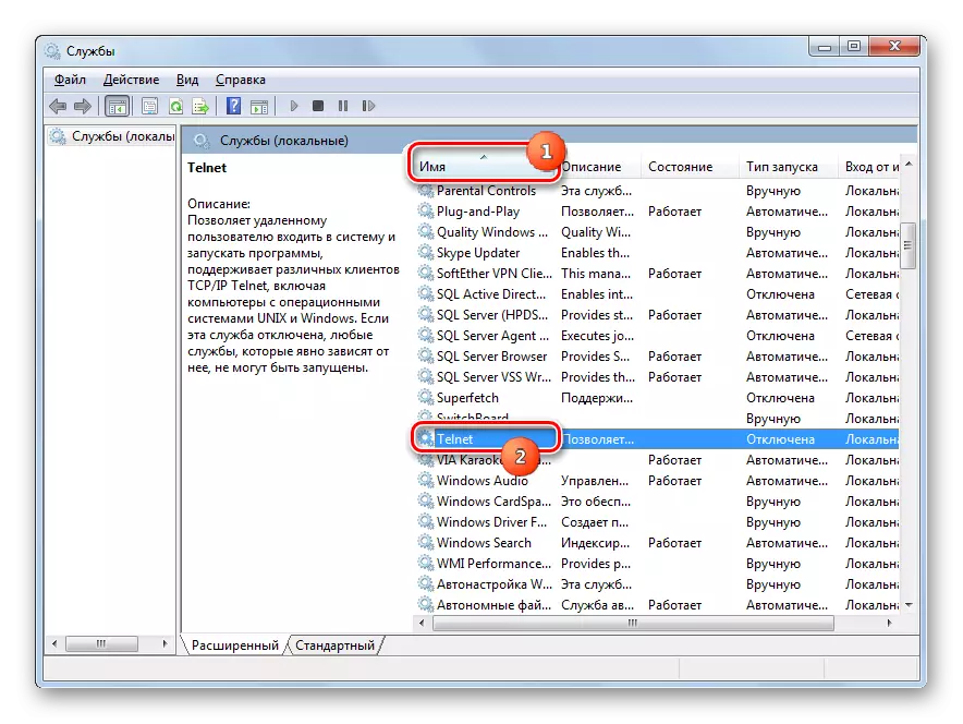 Գնալ դեպի Telnet հատկություններ Windows 7 ծառայության մենեջերում