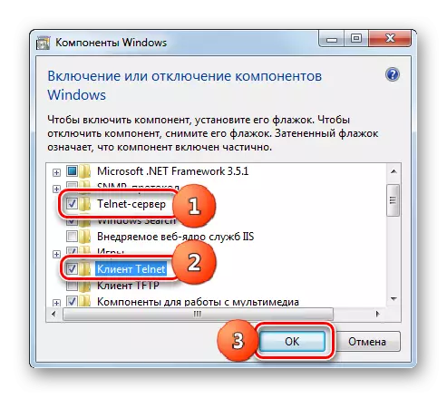 Aktivácia zákazníka a Telnet server v okne Povoliť alebo zakázať Windows v systéme Windows 7