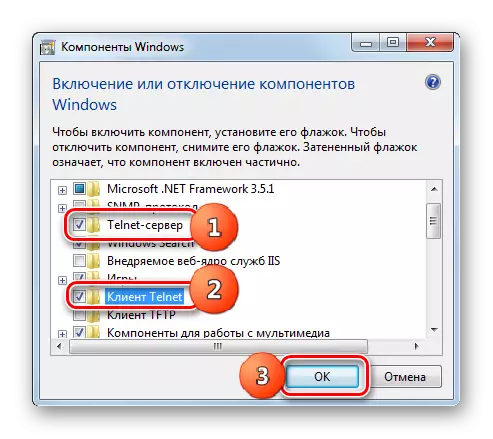 Virkjun viðskiptavina og Telnet miðlara í virkjun eða slökkva á Windows Components gluggi í Windows 7