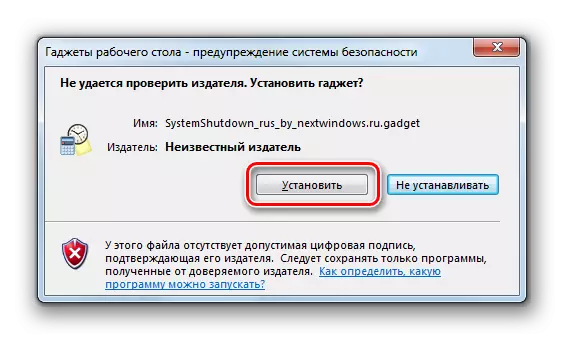 Sistema itzaltzeko gadget instalazioa abiarazten Windows 7 elkarrizketa-koadroan