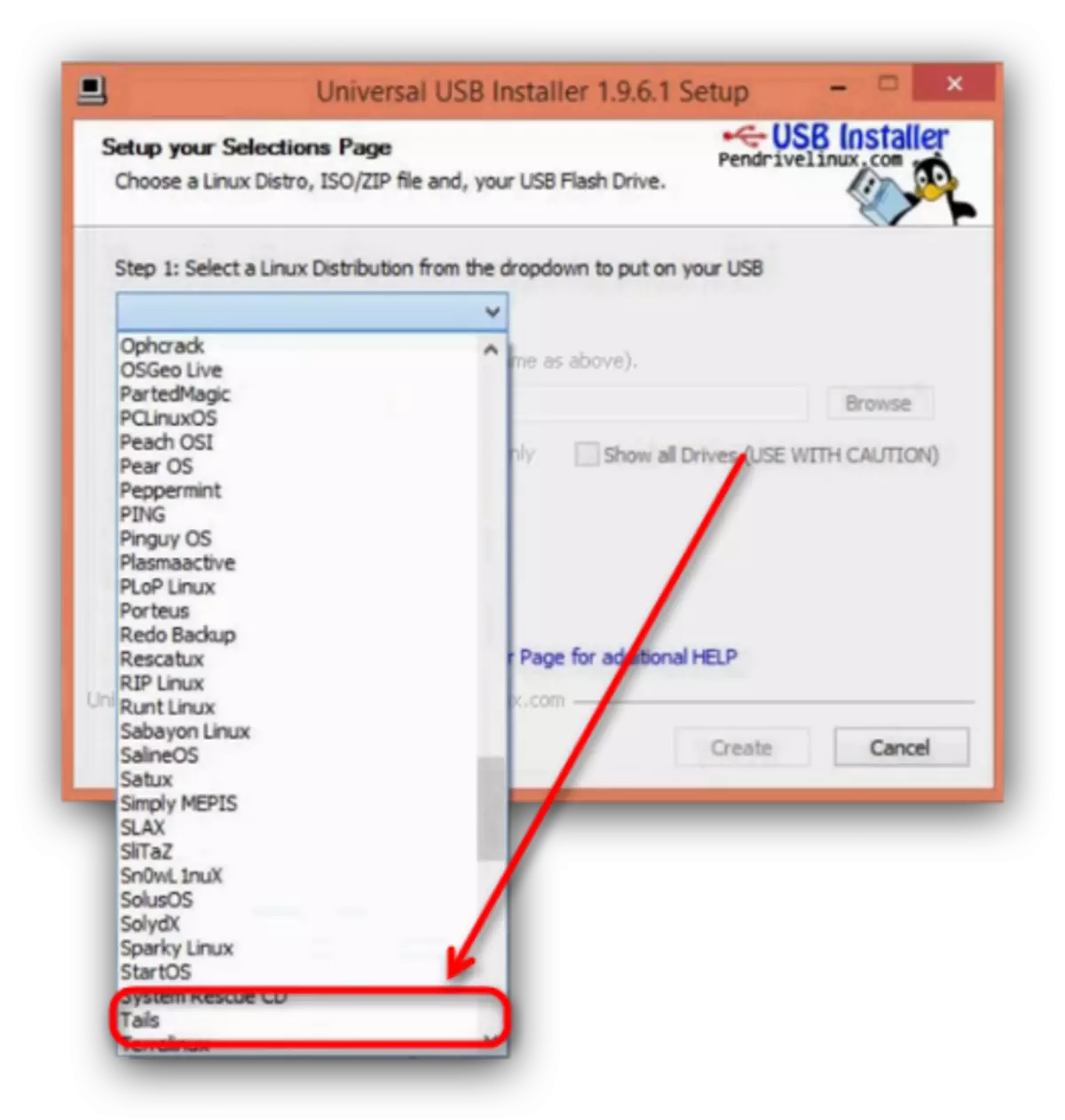 Selecting the Tails system in Universal USB Installer