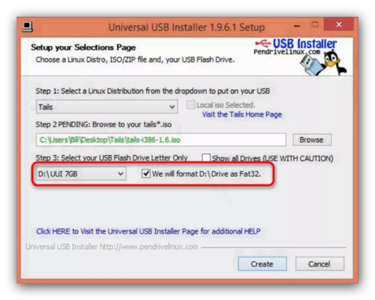 Select flash drives to recording Tails in Universal USB Installer and formatting mark