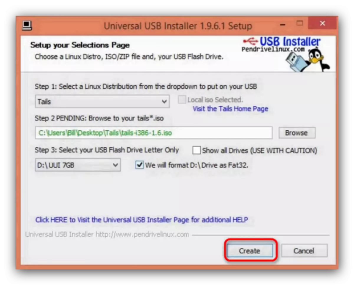 Pib Tails cov duab sau cov txheej txheem hauv Universal USB installer