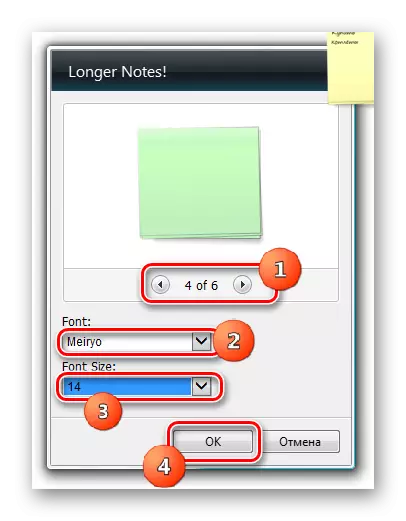 Memilih jenis antara muka warna dan saiz fon dalam tetingkap Tetapan Gadget Notes lebih lama di desktop di Windows 7