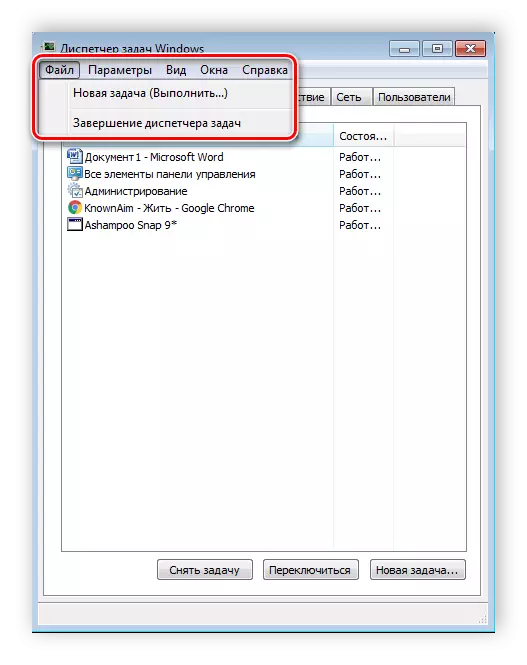 Novi zadatak u sustavu Windows 7 Task Manager