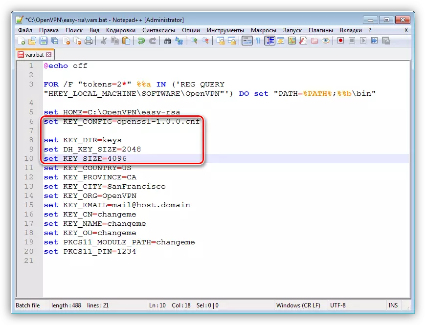 Parámetros inalterados no ficheiro de script para configurar o servidor OpenVPN