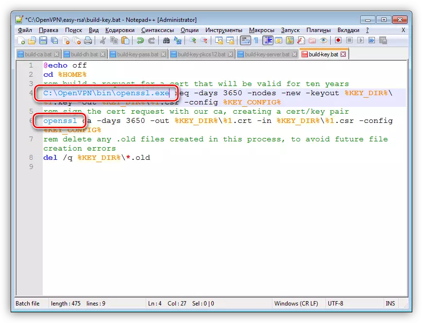 Mengedit fail dalam editor Notepad ++ untuk mengkonfigurasi pelayan OpenVPN