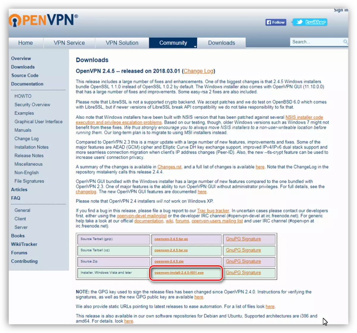Ang pag-load sa programa sa OpenVPN gikan sa opisyal nga site sa mga nag-develop