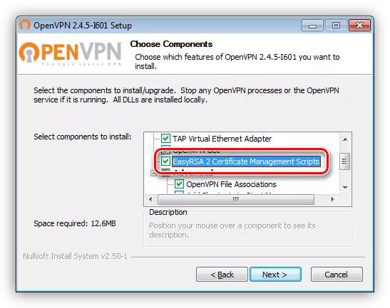 Selección dun compoñente para xestionar certificados ao instalar o programa OpenVPN
