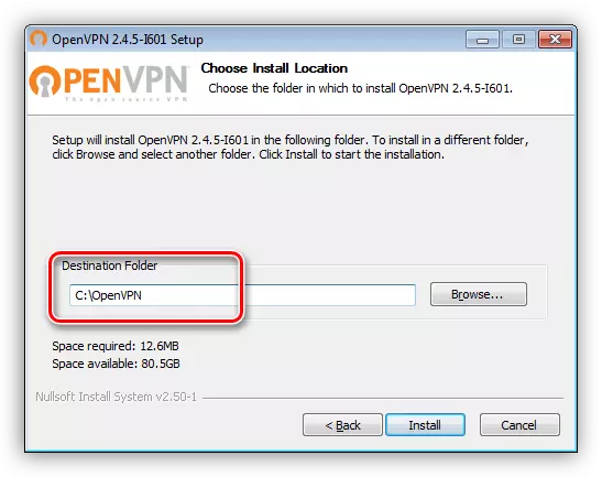Alegerea unui spațiu pe hard disk pentru instalarea OpenVPN