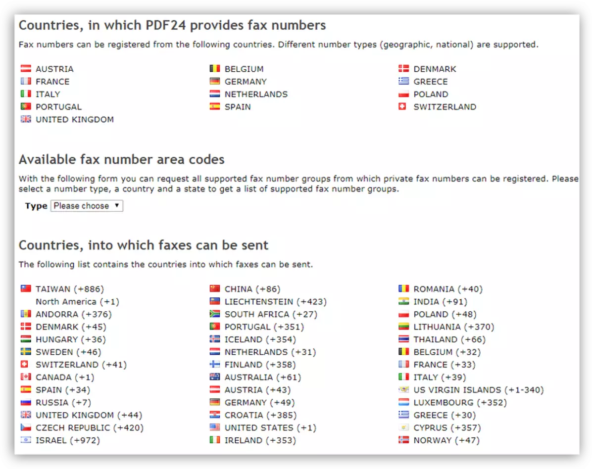 Lista över fax skicka destinationer på PDF24 Creator Service