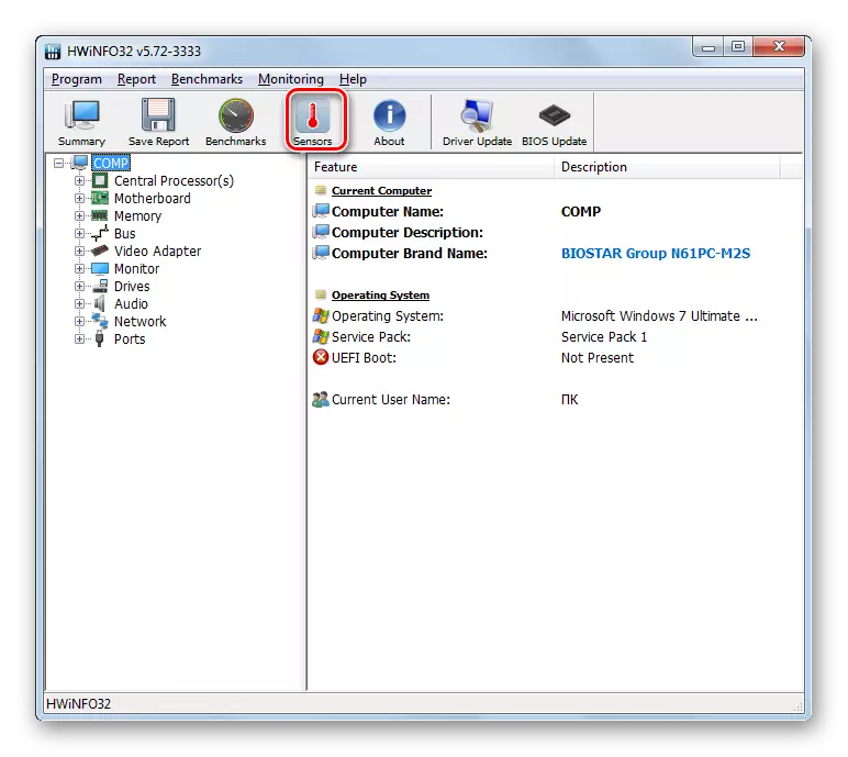 Włączanie czujników klikając przycisk Czujniki na pasku narzędzi w programie HWINFO w systemie Windows 7