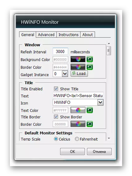 ຫນ້າຕ່າງການຕັ້ງຄ່າ Hwinfomonitor Gadget ໃນ Windows 7