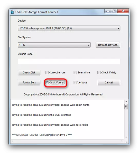 Válassza ki a Fast Formatting Flash meghajtót az USB lemez tárolási formátumú eszköz 5-3