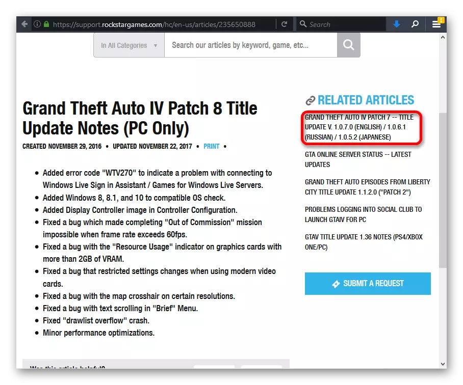 A kívánt javítás kiválasztása a GTA 4 számára a gyártó hivatalos honlapján