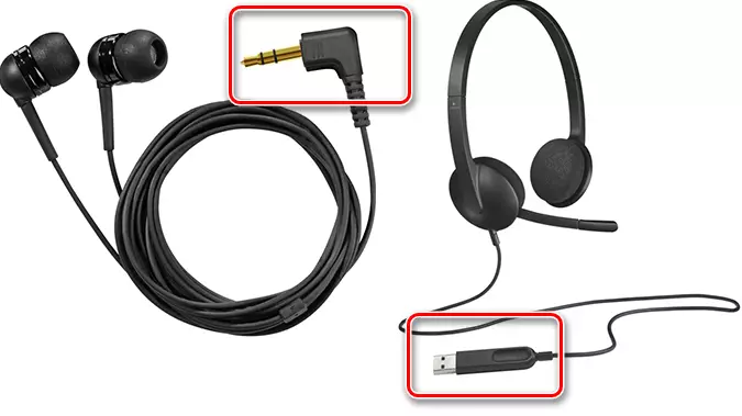 Diferentes conectores para conectar auriculares en una computadora.